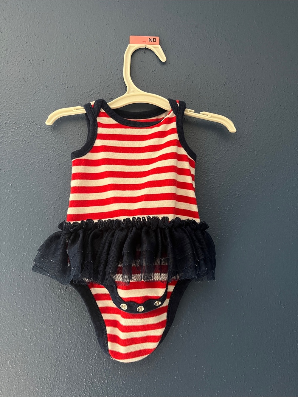 Red & white  Striped Baby Tutu Bodysuit with Navy Trim